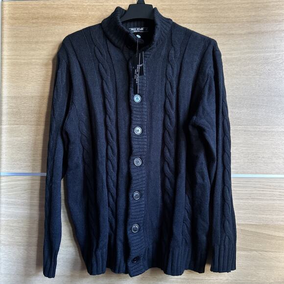 NWT Paul Jones Men’s Sz XL Cable Knit Cardigan Sweater Black Stand Collar - Picture 3 of 6